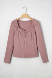 Old Rose Gathered Bust Square Neck Ribbed Fit Long Sleeve Top
