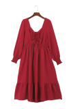 Fiery Red Lace-up Ruched Front Long Sleeve Ruffle Hem Plus Size Midi Dress