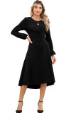 Black Solid Color Ruched Detail Long Sleeve Midi Dress