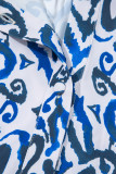 Blue Bohemian Print Embroidered V Neckline Detail Long Sleeve Shirt