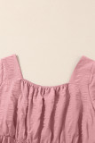 Pink Lace-up Ruched Front Long Sleeve Ruffle Hem Plus Size Midi Dress