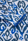 Blue Bohemian Print Embroidered V Neckline Detail Long Sleeve Shirt