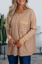 Dark Khaki Color Block Waffle Textured Tunic Henley Top with Slits