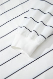 White Zip V Neck Casual Stripe Print Drop Shoulder Long Sleeve Top