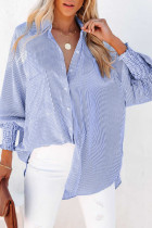 Blue Stripe Smocked Cuffed Striped Boyfriend Shirt with Pocket