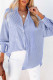 Blue Stripe Smocked Cuffed Striped Boyfriend Shirt with Pocket