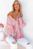 Red Stripe Smocked Cuffed Striped Boyfriend Shirt with Pocket