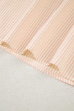 Pink Stripe Bow Knot Cuff Pearl Embellished Puff Sleeve V Neck Blouse