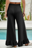 Black Ruffled Wide Leg Pull On High Waist Pants with Pockets
