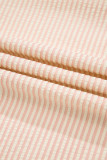 Pink Stripe Bow Knot Cuff Pearl Embellished Puff Sleeve V Neck Blouse