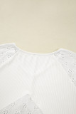 White Twisted Rib Patchwork Embroidered Loose V Neck Long Sleeve Top