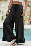 Black Ruffled Wide Leg Pull On High Waist Pants with Pockets