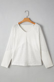White Twisted Rib Patchwork Embroidered Loose V Neck Long Sleeve Top