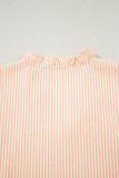 Pink Stripe Bow Knot Cuff Pearl Embellished Puff Sleeve V Neck Blouse
