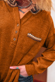 Straw Yellow Contrast Plaid Hood Patchwork Chest Pocket Henley Top