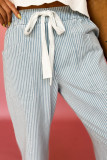 Sky Blue Stripe Mid Rise Drawstring Waist Jeans