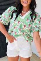 Green Floral Print Ricrac Trim Contrast V Neck Bubble Sleeve Summer Blouse
