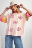 Pink Sequined Horseshoes Pattern Colorblock Half Sleeve Patchwork Tee