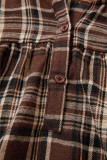 Brown Plaid Patchwork Long Sleeve Button Hooded Blouse