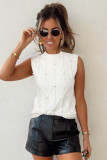 White Pearled High Neck Textured Knit Sweater Vest