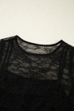Black Lace Crochet Mesh Patched Slim Fit Long Sleeve Top