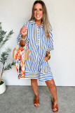 Blue Stripe Collared Half Button Side Pockets Loose Fit Mini Dress