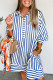 Blue Stripe Collared Half Button Side Pockets Loose Fit Mini Dress