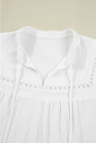 White Drawstring Lace Detail Puff Sleeve Split Neck Spring Fall Blouse