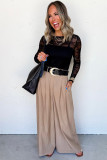 Black Lace Crochet Mesh Patched Slim Fit Long Sleeve Top