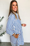 Blue Stripe Collared Half Button Side Pockets Loose Fit Mini Dress