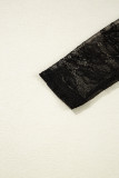 Black Lace Crochet Mesh Patched Slim Fit Long Sleeve Top