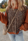Brown Leopard Floral Print Ribbed Puff Sleeve Patchwork Loose Pullover