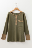 Vineyard Green Color Block Waffle Textured Tunic Henley Top with Slits