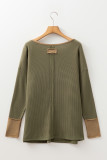 Vineyard Green Color Block Waffle Textured Tunic Henley Top with Slits