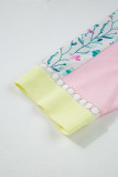 White Floral Colorblock Patchwork Chest Pocket Notched Neck Long Sleeve Top
