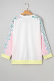White Floral Colorblock Patchwork Chest Pocket Notched Neck Long Sleeve Top