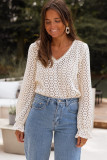 Beige Flower Lace V Neck Ruffled Sleeve Top