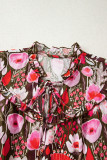Red Floral Three Quarter Sleeve Lace-up Neck Blouse