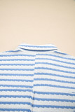 Sky Blue Stripe Half Button Collared Chest Pockets Loose Fit Blouse