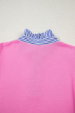 Pink Contrast Striped Collar Patchwork Puff Sleeve Ruffle Hem Mini Dress