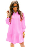 Pink Contrast Striped Collar Patchwork Puff Sleeve Ruffle Hem Mini Dress