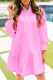 Pink Contrast Striped Collar Patchwork Puff Sleeve Ruffle Hem Mini Dress