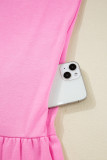 Pink Contrast Striped Collar Patchwork Puff Sleeve Ruffle Hem Mini Dress