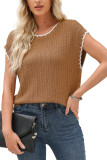 Camel Contrast Trim Boxy Fit Knit Short Sleeve Sweater Top