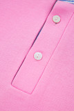 Pink Contrast Striped Collar Patchwork Puff Sleeve Ruffle Hem Mini Dress