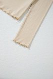 Parchment Ribbed Knit Lettuce Trim High Neck Long Sleeve Top