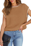 Camel Contrast Trim Boxy Fit Knit Short Sleeve Sweater Top