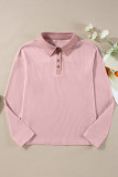 Light Pink Solid Color Long Sleeve Thermal Knit Polo Collar Patchwork Top
