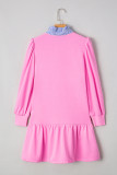 Pink Contrast Striped Collar Patchwork Puff Sleeve Ruffle Hem Mini Dress