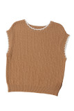 Camel Contrast Trim Boxy Fit Knit Short Sleeve Sweater Top